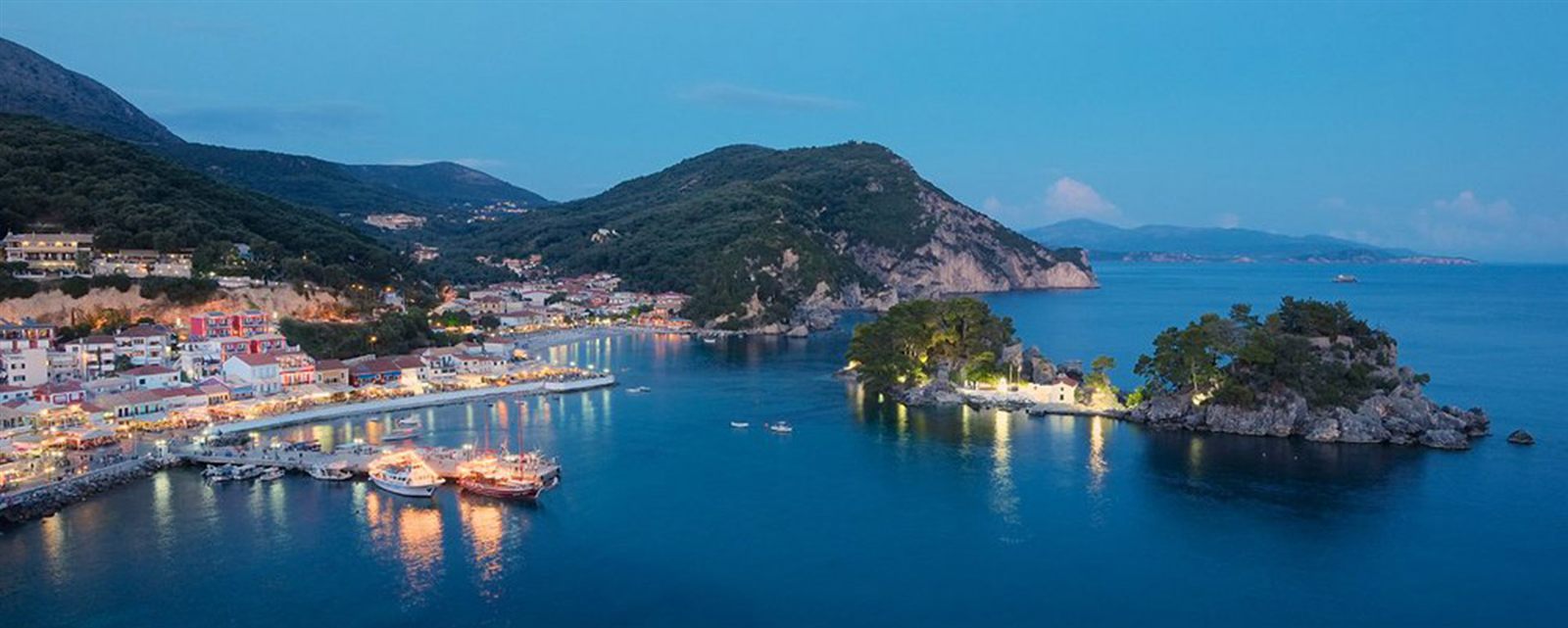 Parga harbour and the Panagia islet at dusk
